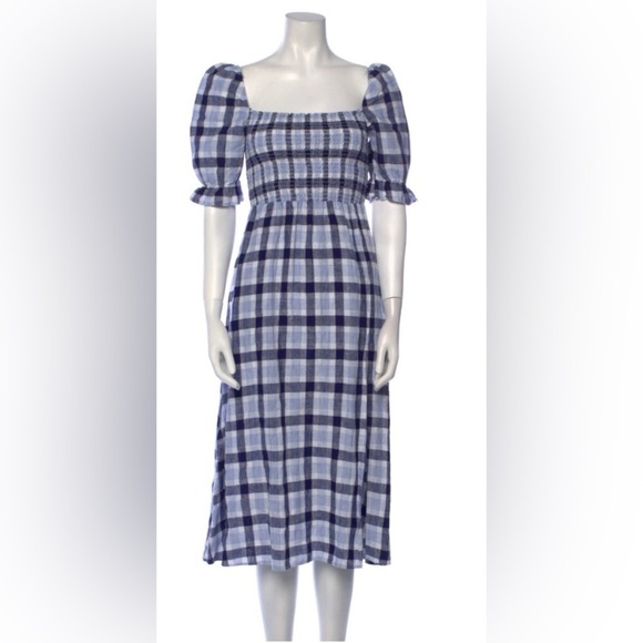 Reformation “Marbella” A-Line Short Sleeve Square Neck Blue Plaid Midi Dress XXS - Picture 4 of 4